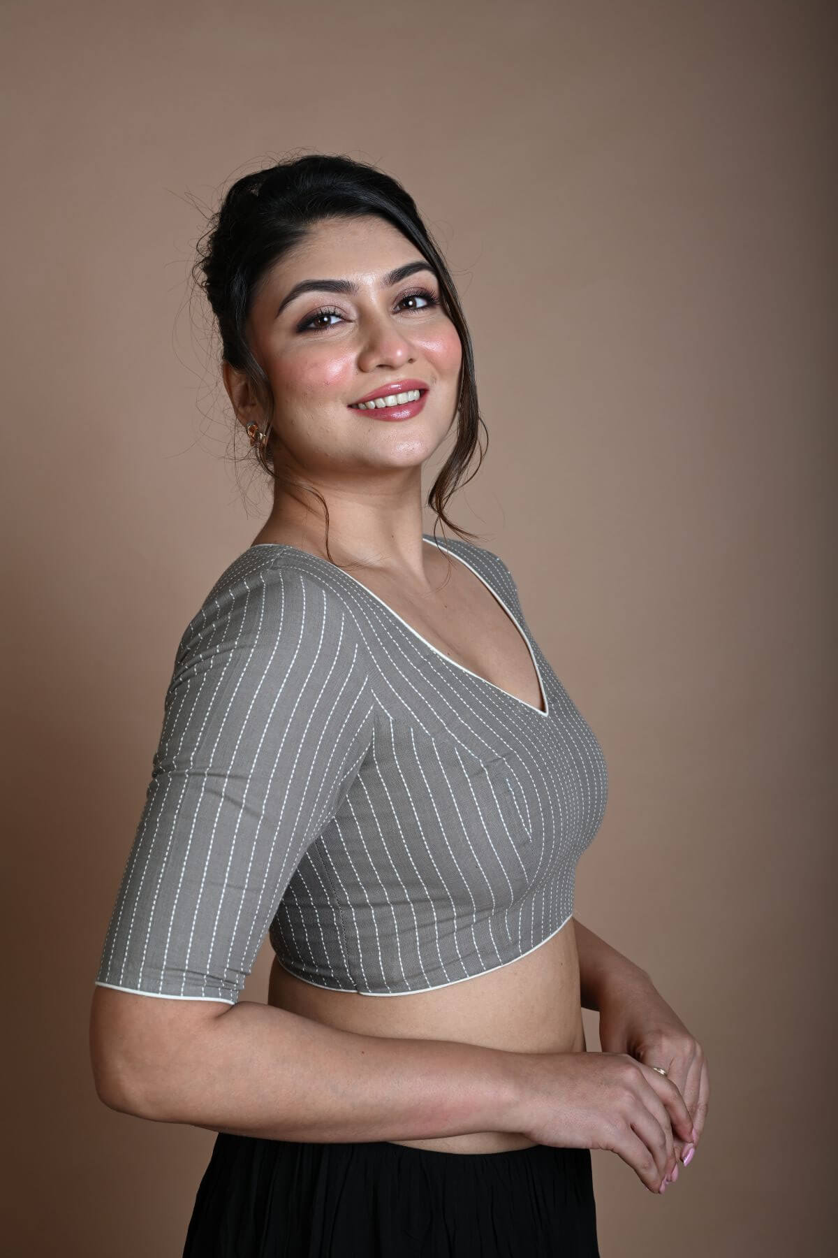 Grey Cotton Blouse with Half Sleeves and Back Circle Cutout - Anvi Couture