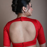 Red Half Sleeve Blouse in Cotton with V Neckline and Back Cutout - Anvi Couture