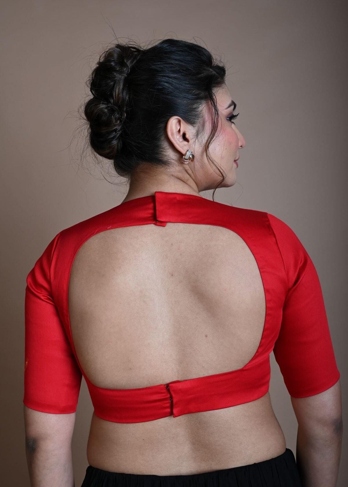 Red Half Sleeve Blouse in Cotton with V Neckline and Back Cutout - Anvi Couture