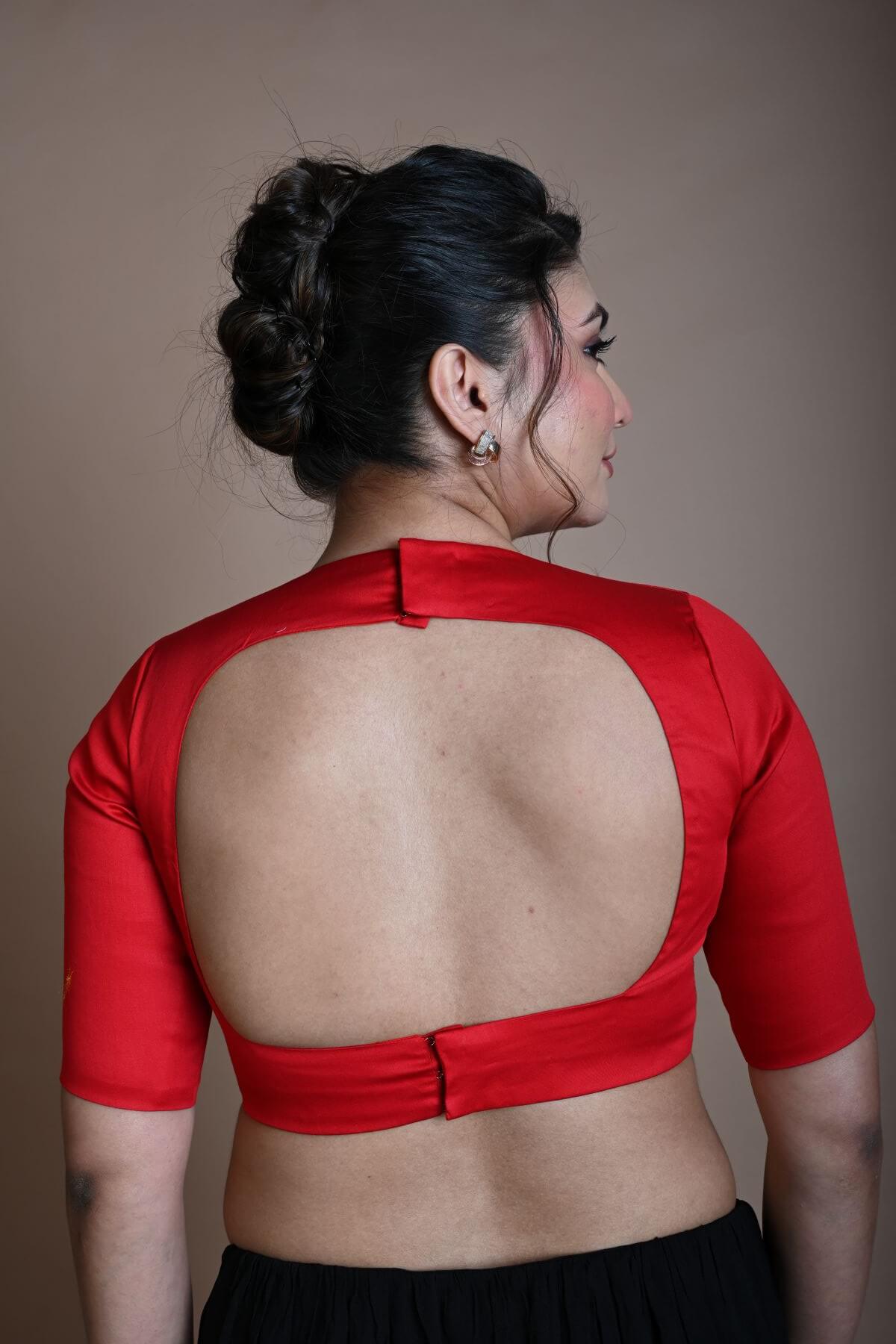 Red Half Sleeve Blouse in Cotton with V Neckline and Back Cutout - Anvi Couture