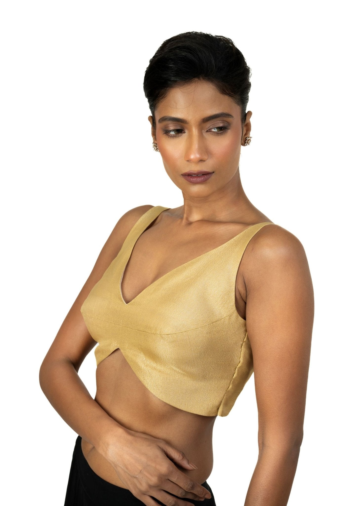Golden Sleeveless Blouse with Sweet Heart Neck Line - Anvi Couture