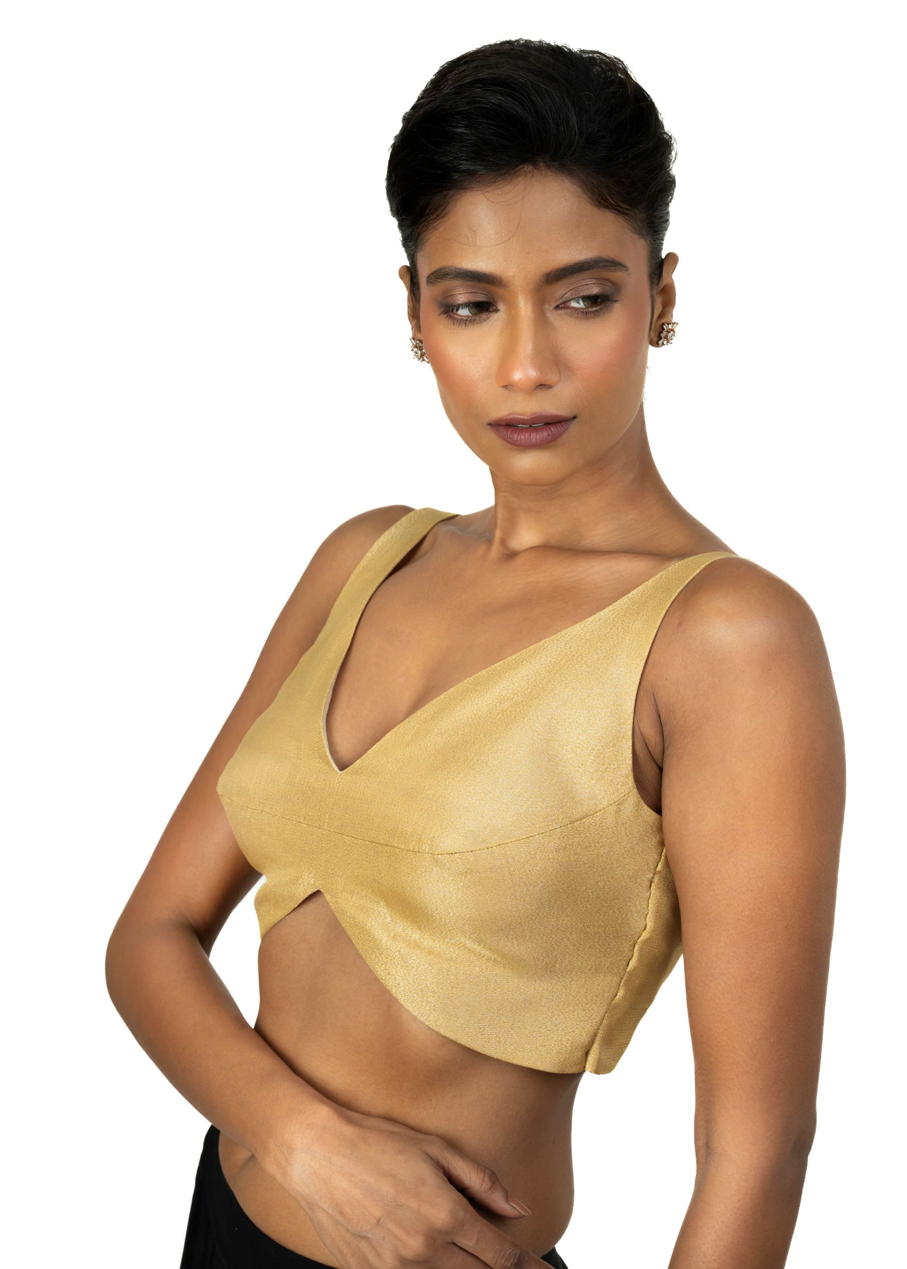 Golden Sleeveless Blouse with Sweet Heart Neck Line - image 3