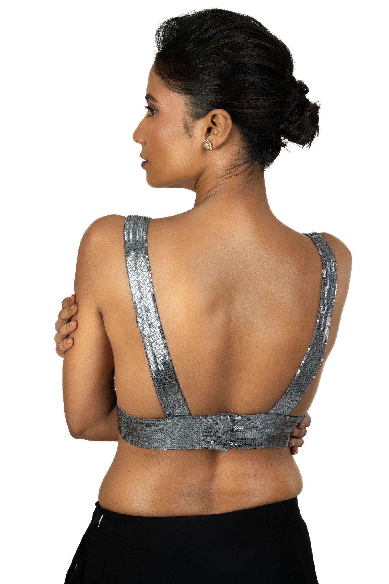 Grey Sequin Sleeveless Blouse with Plunging V Neckline - Anvi Couture