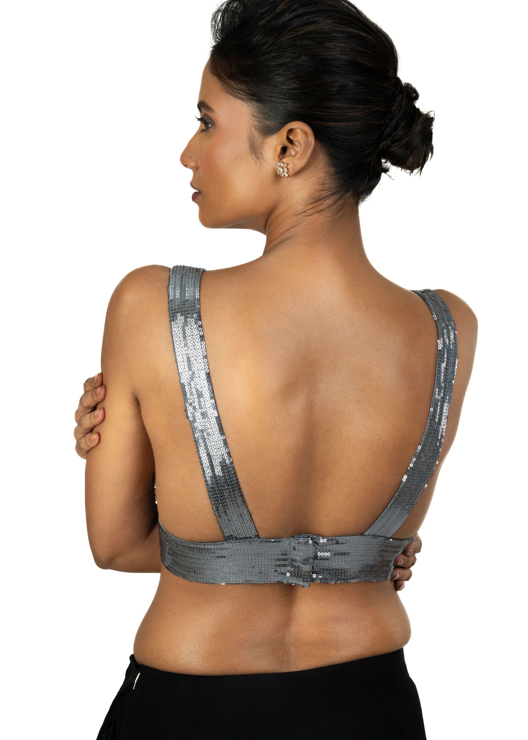 Grey Sequin Sleeveless Blouse with Plunging V Neckline - image 4