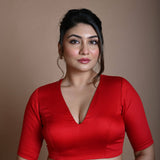 Red Half Sleeve Blouse in Cotton with V Neckline and Back Cutout - Anvi Couture