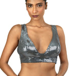 Grey Sequin Sleeveless Blouse with Plunging V Neckline - image 1