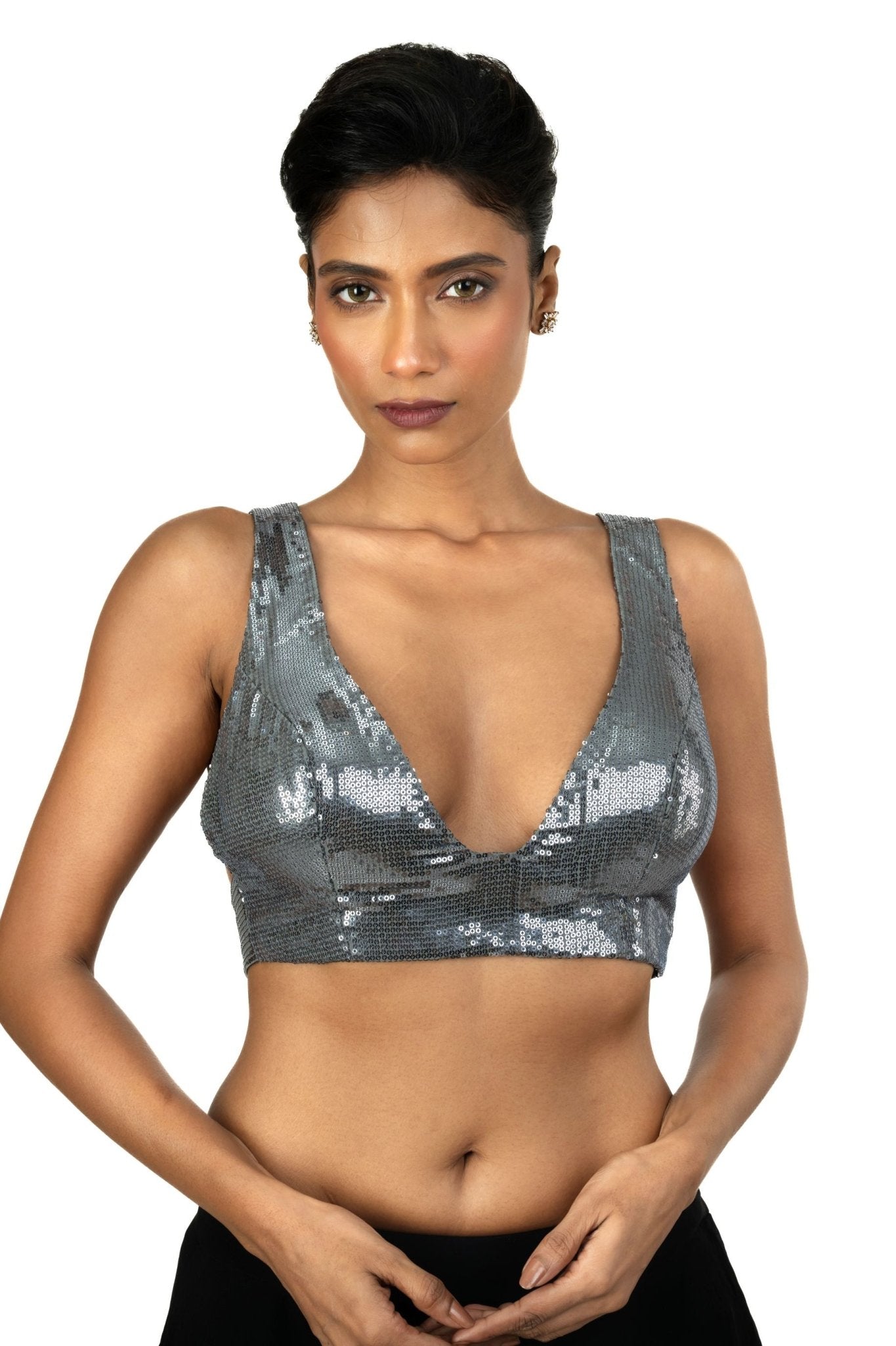 Grey Sequin Sleeveless Blouse with Plunging V Neckline - Anvi Couture