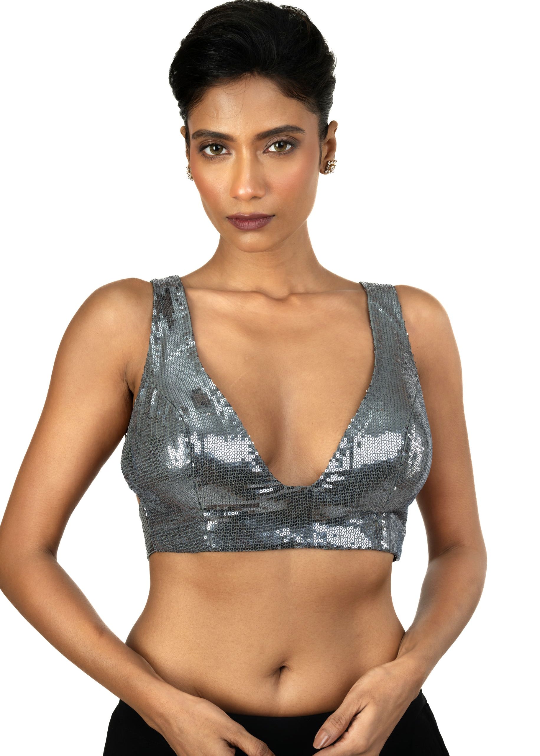 Grey Sequin Sleeveless Blouse with Plunging V Neckline - image 1