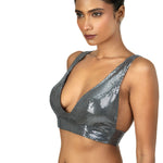Grey Sequin Sleeveless Blouse with Plunging V Neckline - image 3