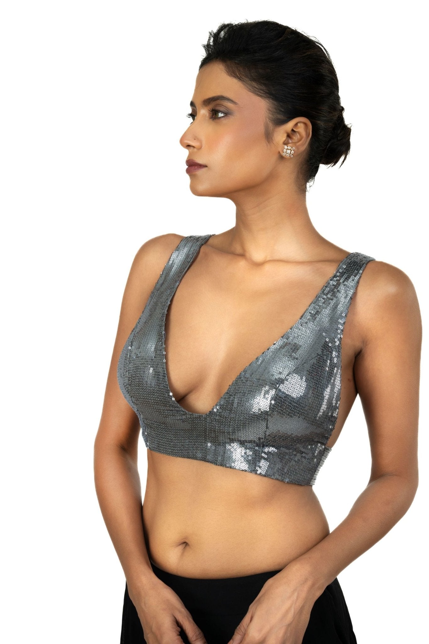 Grey Sequin Sleeveless Blouse with Plunging V Neckline - Anvi Couture