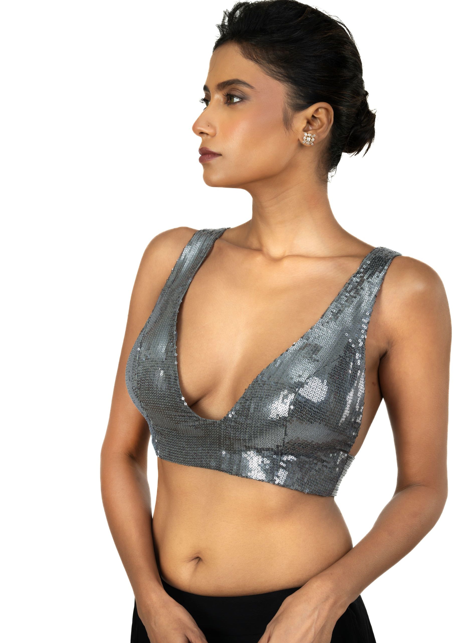 Grey Sequin Sleeveless Blouse with Plunging V Neckline - image 2