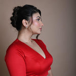 Red Half Sleeve Blouse in Cotton with V Neckline and Back Cutout - Anvi Couture