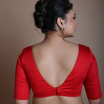 Red V Neck Blouse in Cotton with Half Sleeves - Anvi Couture