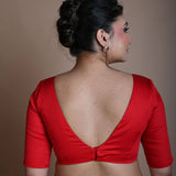 Red V Neck Blouse in Cotton with Half Sleeves - Anvi Couture