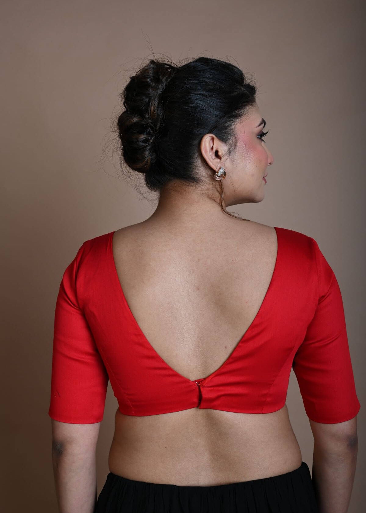 Red V Neck Blouse in Cotton with Half Sleeves - Anvi Couture