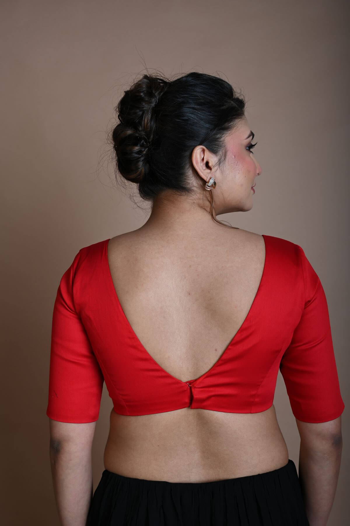 Red V Neck Blouse in Cotton with Half Sleeves - Anvi Couture