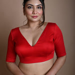 Red V Neck Blouse in Cotton with Half Sleeves - Anvi Couture