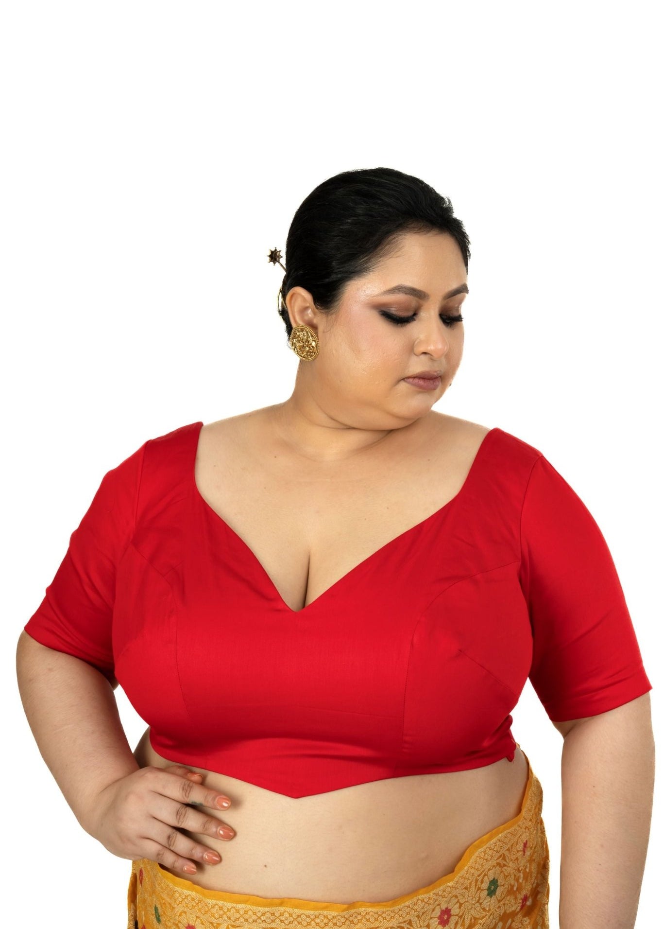 Red Plus Size Sweet Heart Neckline Blouse with Elbow Sleeves - Anvi Couture