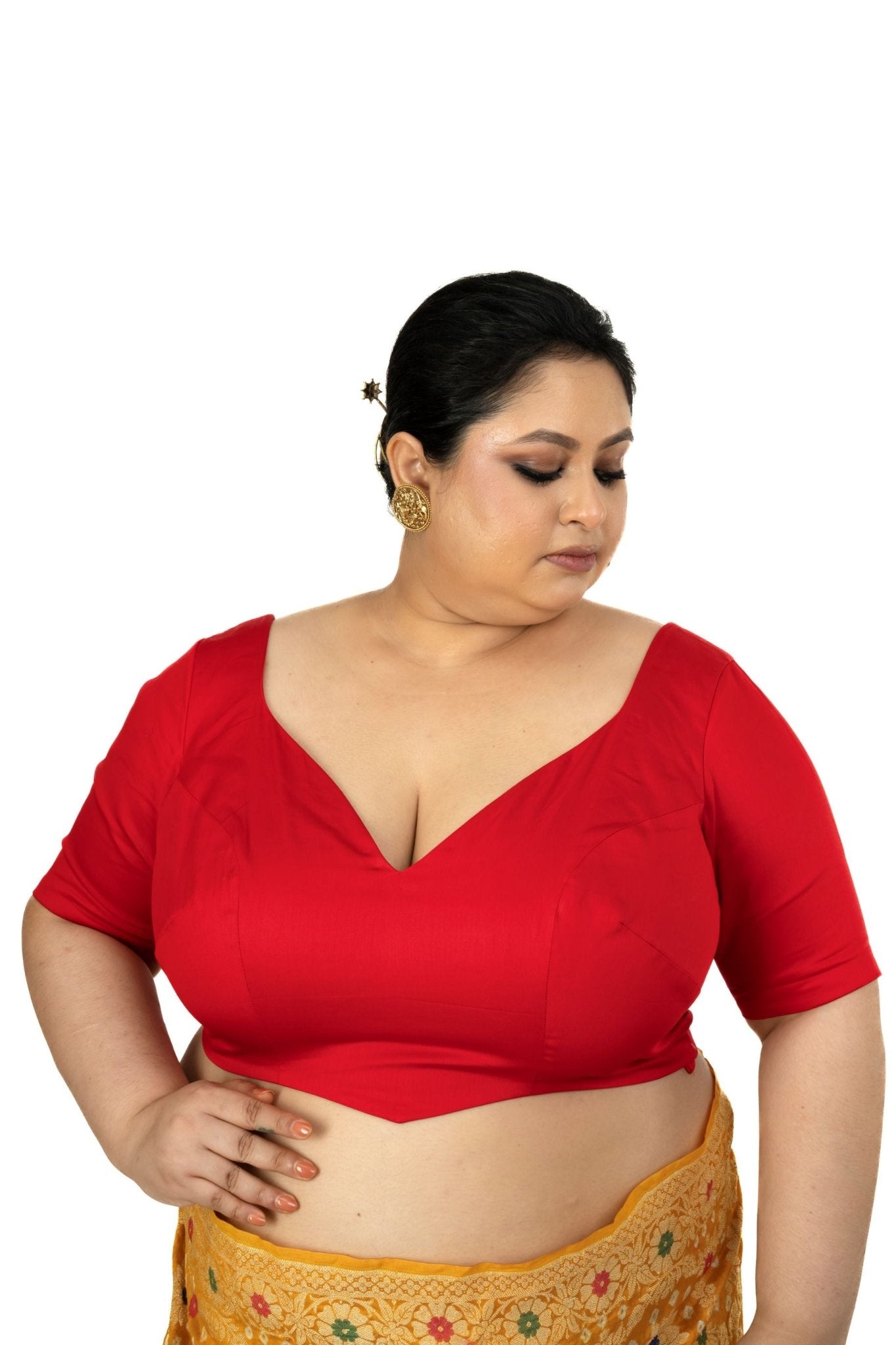 Red Plus Size Sweet Heart Neckline Blouse with Elbow Sleeves - Anvi Couture