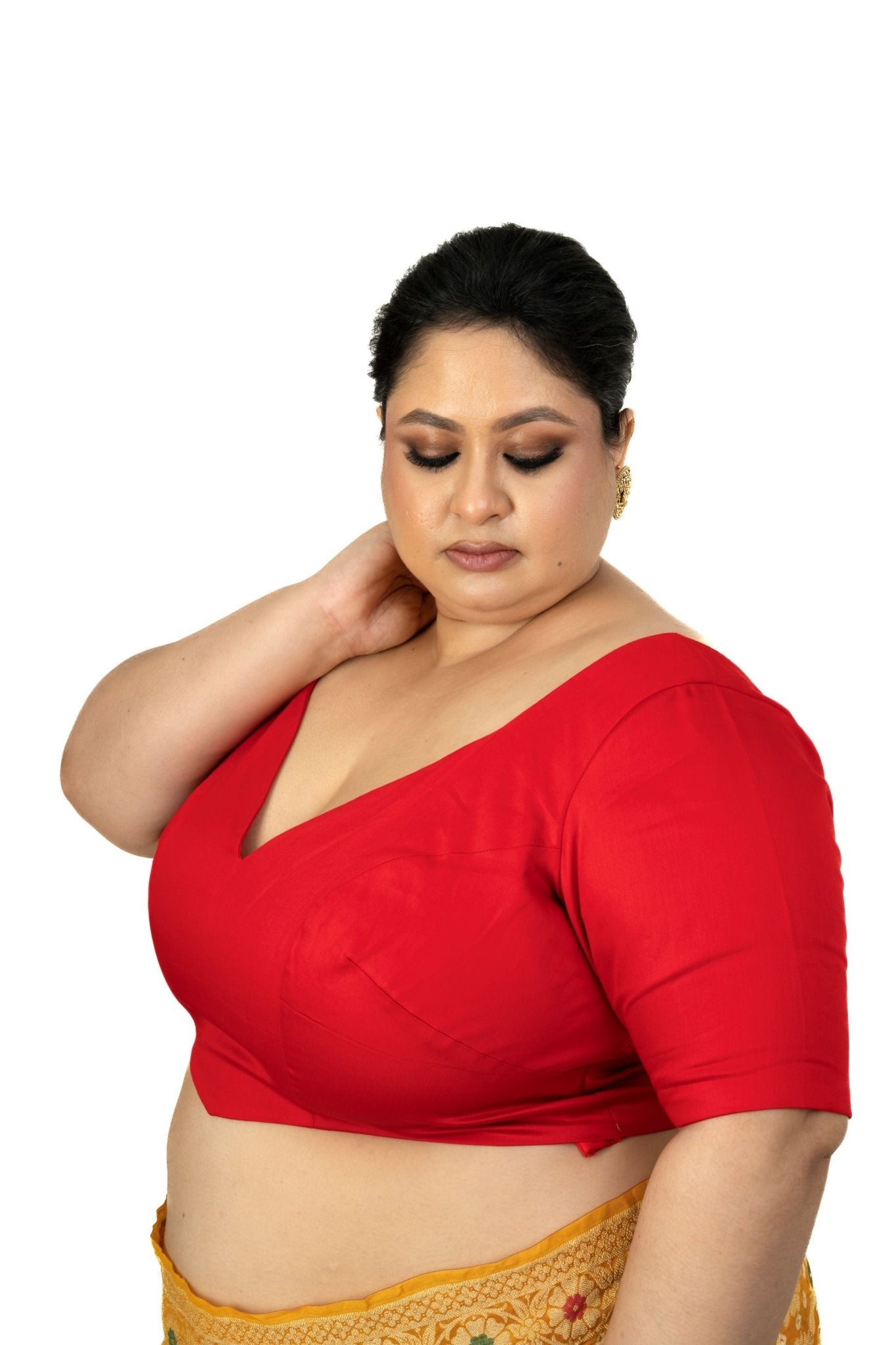 Red Plus Size Sweet Heart Neckline Blouse with Elbow Sleeves - Anvi Couture
