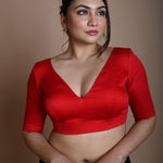 Red V Neck Blouse in Cotton with Half Sleeves - Anvi Couture