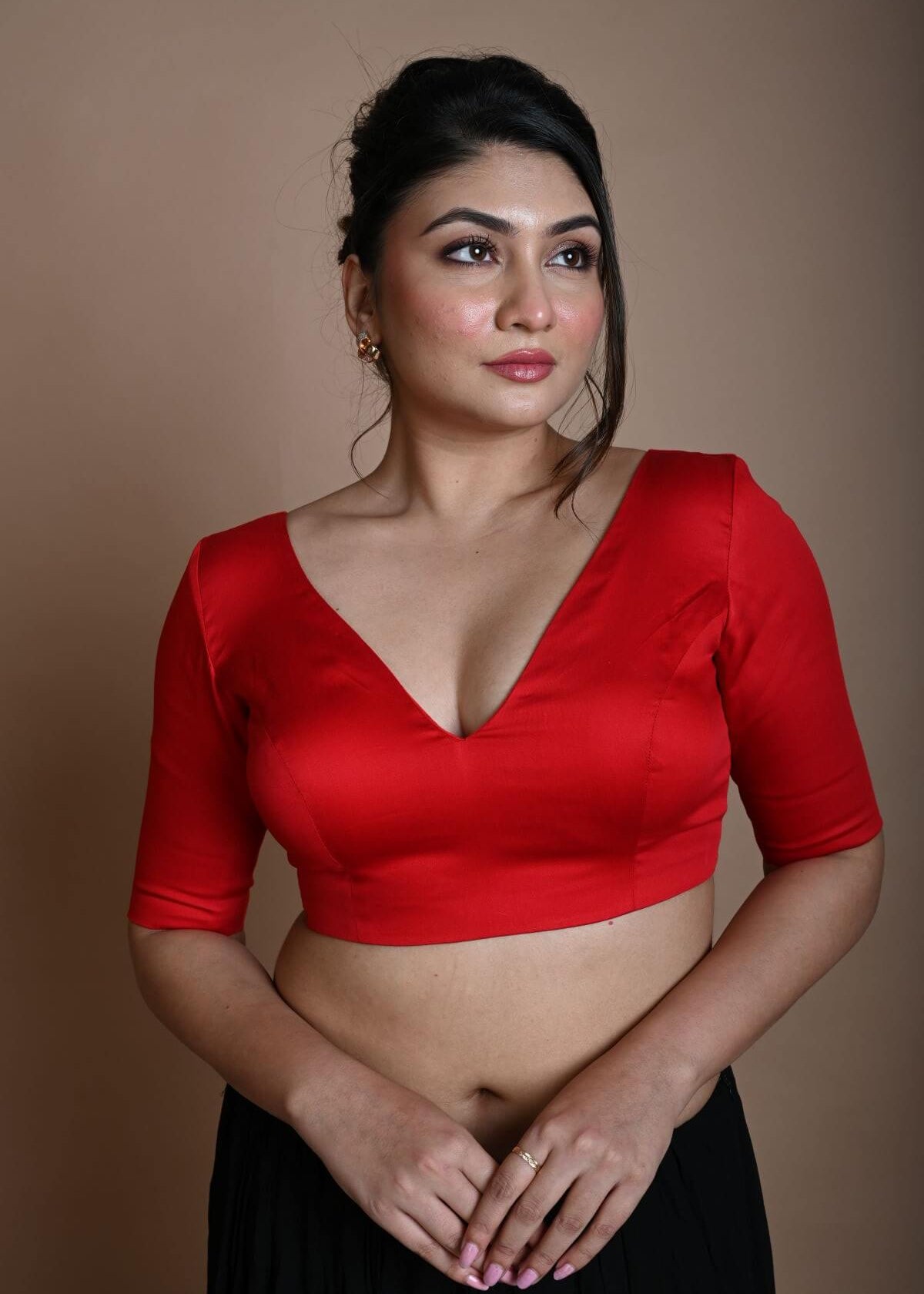 Red V Neck Blouse in Cotton with Half Sleeves - Anvi Couture