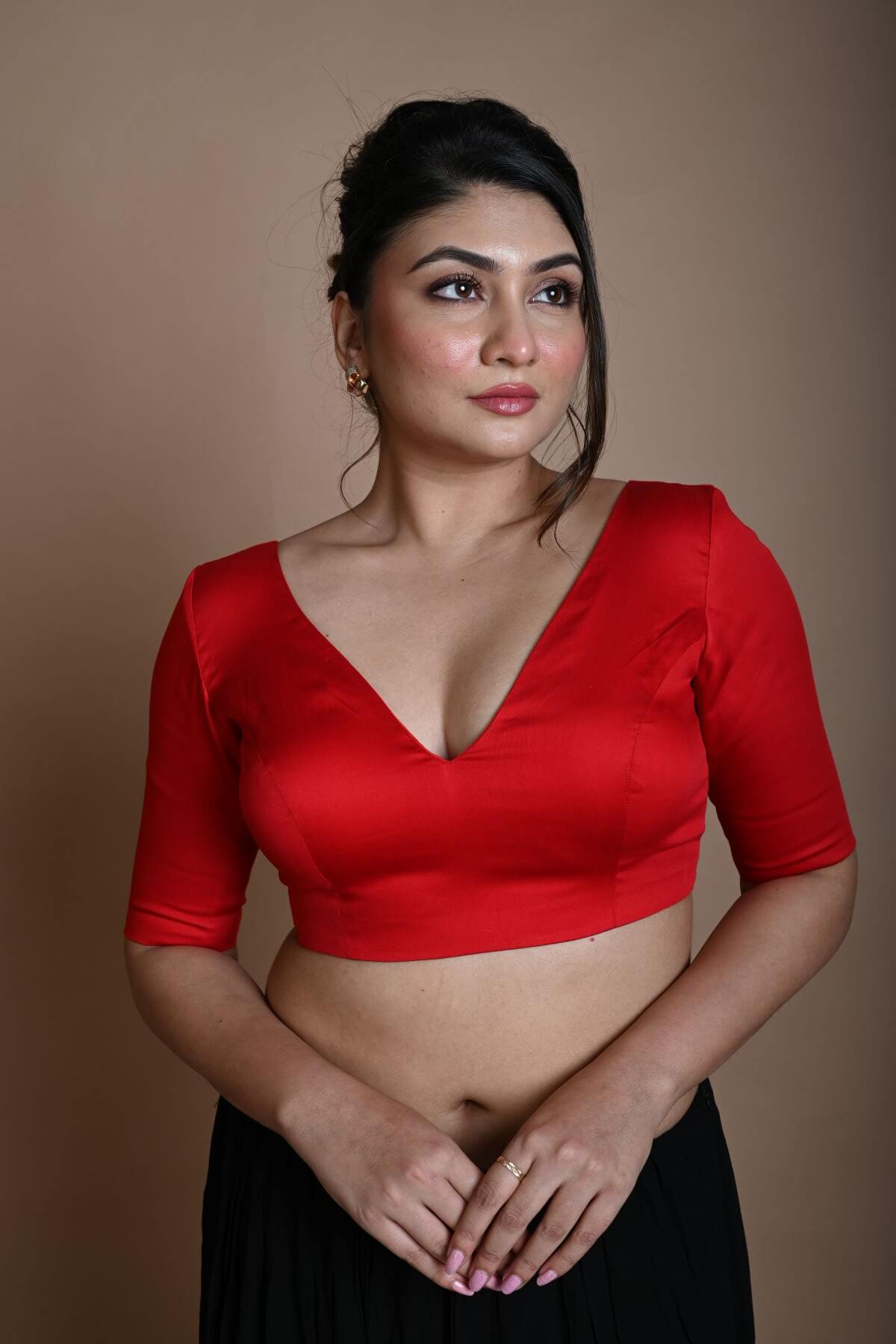 Red V Neck Blouse in Cotton with Half Sleeves - Anvi Couture