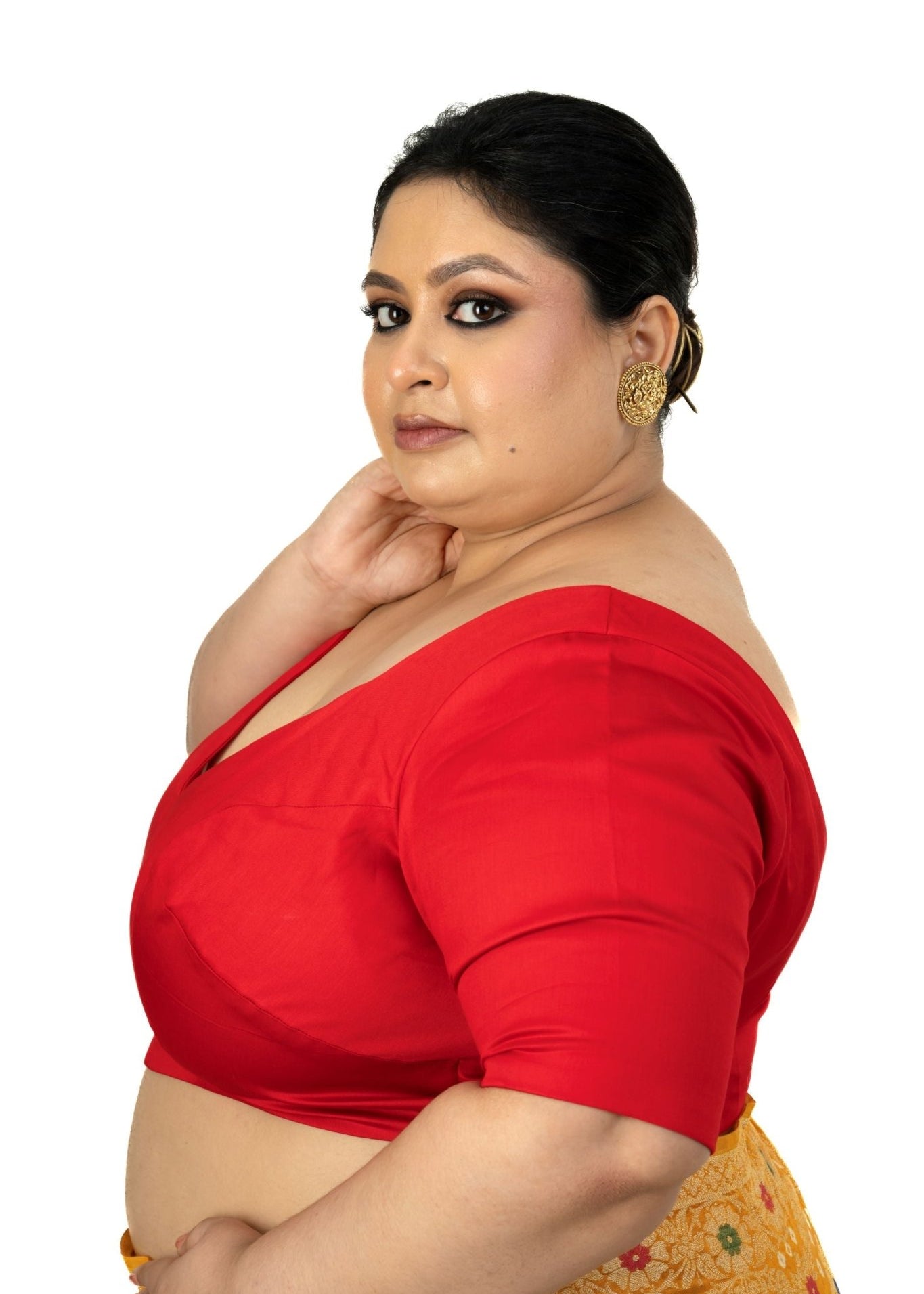 Red Plus Size Sweet Heart Neckline Blouse with Elbow Sleeves - Anvi Couture