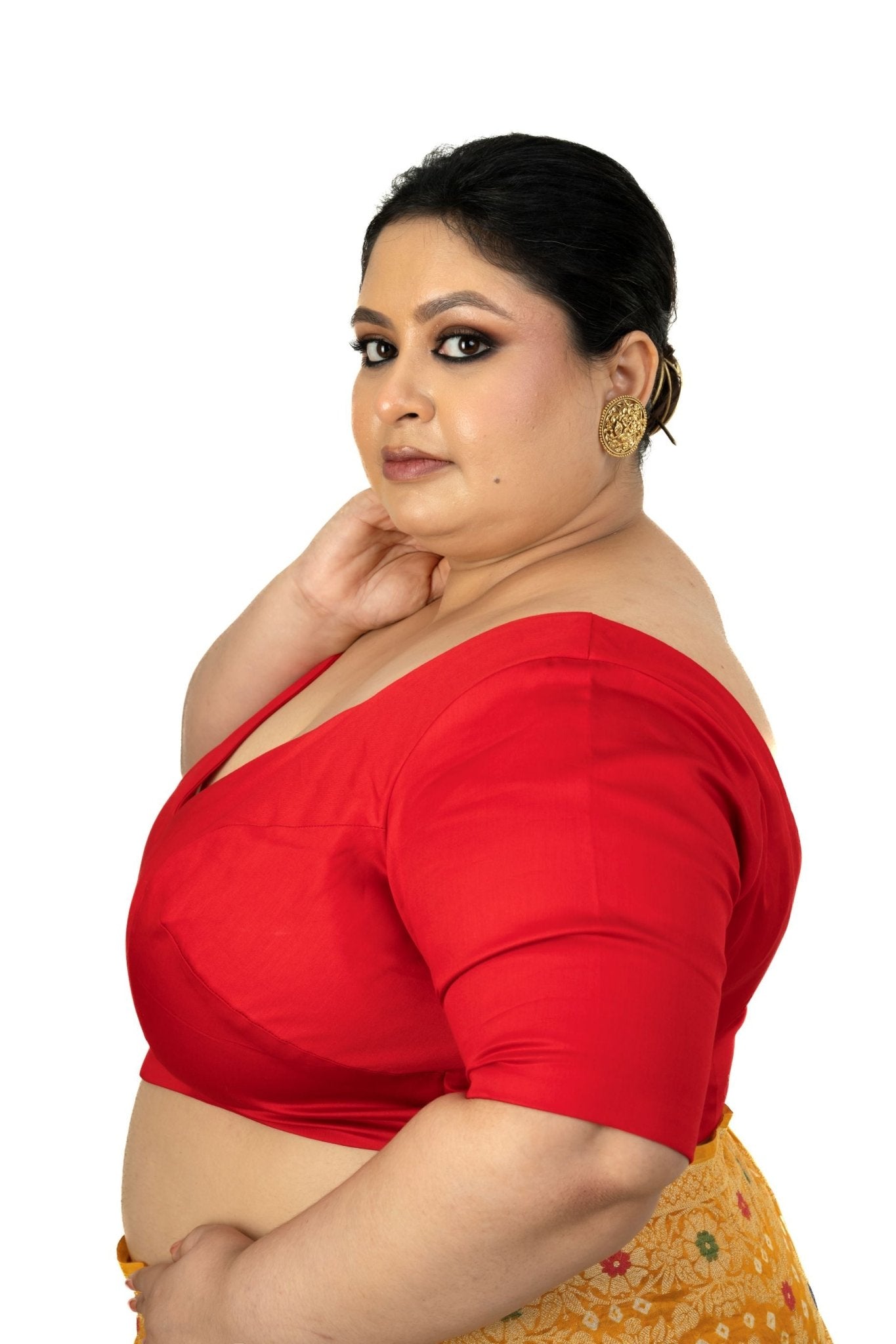 Red Plus Size Sweet Heart Neckline Blouse with Elbow Sleeves - Anvi Couture