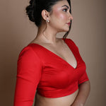 Red V Neck Blouse in Cotton with Half Sleeves - Anvi Couture