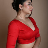 Red V Neck Blouse in Cotton with Half Sleeves - Anvi Couture