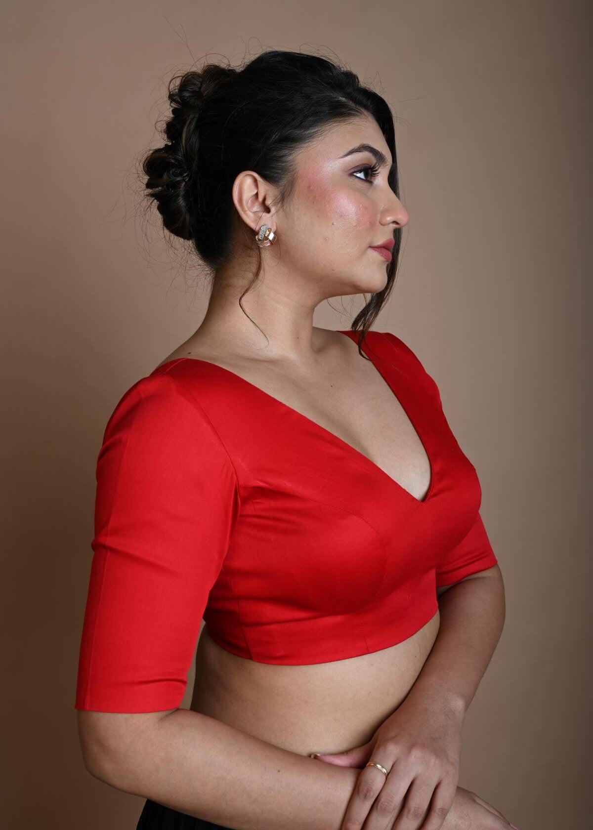 Red V Neck Blouse in Cotton with Half Sleeves - Anvi Couture