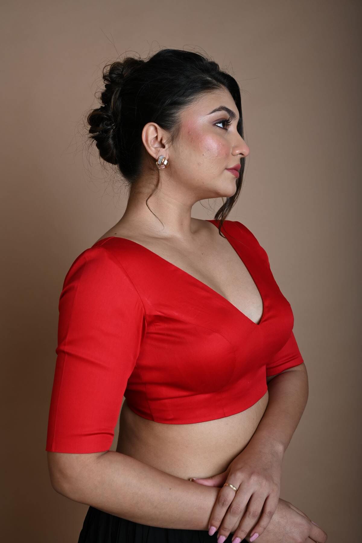 Red V Neck Blouse in Cotton with Half Sleeves - Anvi Couture