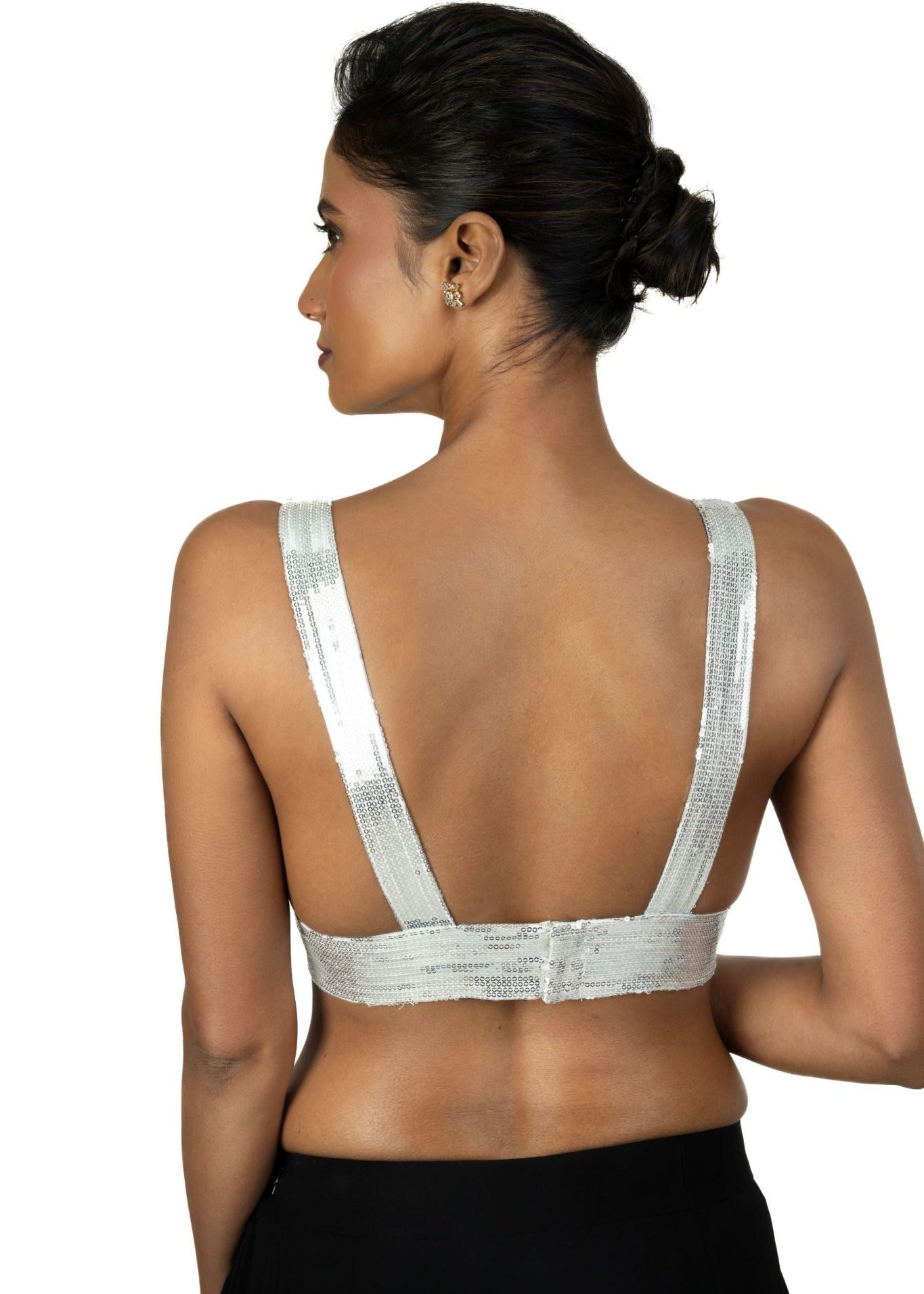 Silver Sequin Plunging V Neck Sleeveless Blouse - Anvi Couture