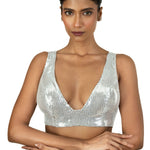 Silver Sequin Plunging V Neck Sleeveless Blouse - image 1
