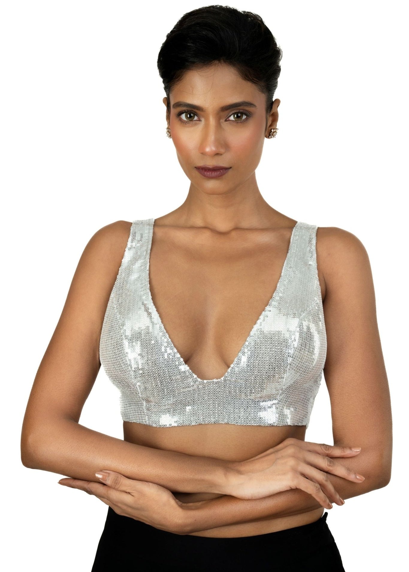 Silver Sequin Plunging V Neck Sleeveless Blouse - Anvi Couture