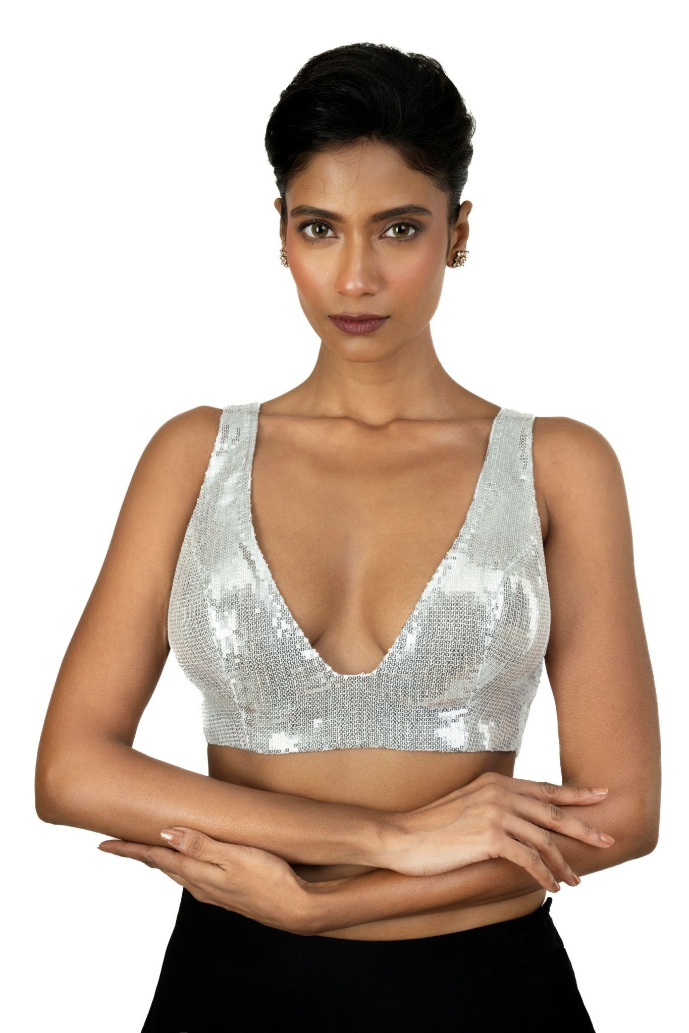 Silver Sequin Plunging V Neck Sleeveless Blouse - Anvi Couture