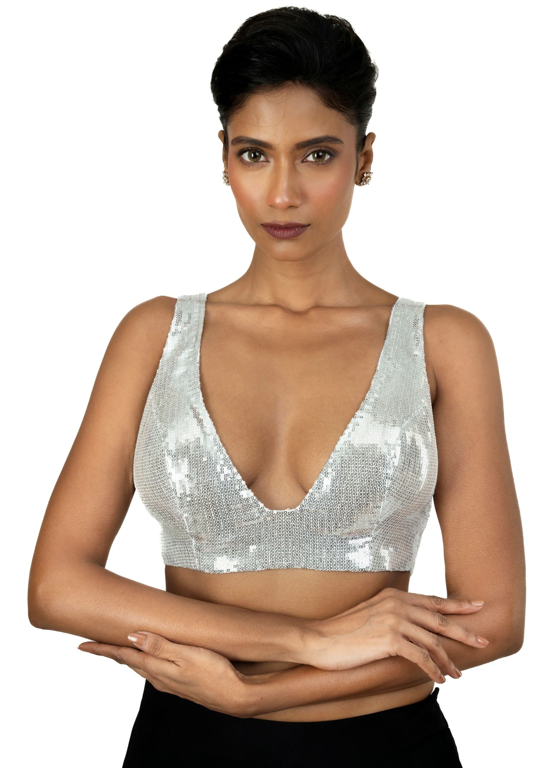 Silver Sequin Plunging V Neck Sleeveless Blouse - image 1