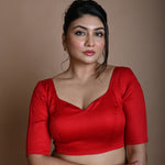 Red Half Sleeve Blouse in Cotton with Sweetheart Neckline - Anvi Couture