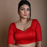 Red Half Sleeve Blouse in Cotton with Sweetheart Neckline - Anvi Couture