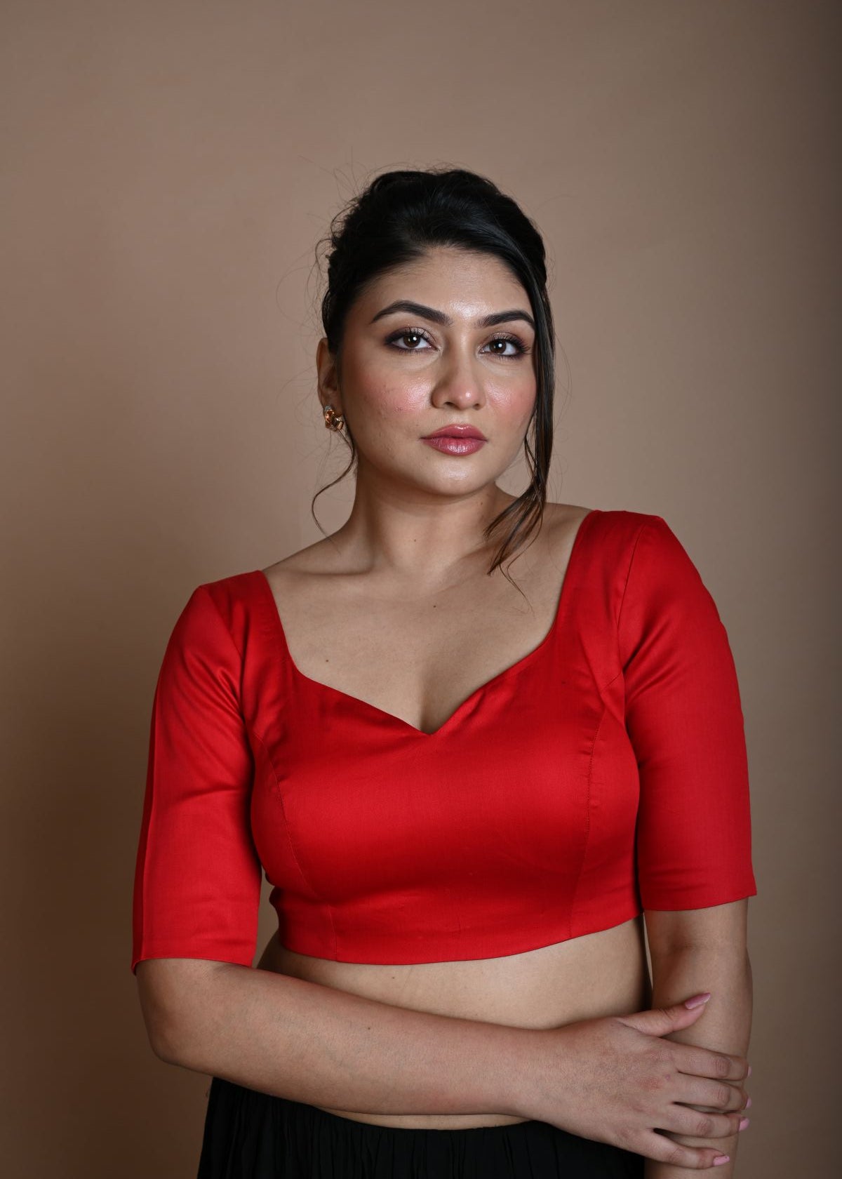 Red Half Sleeve Blouse in Cotton with Sweetheart Neckline - Anvi Couture