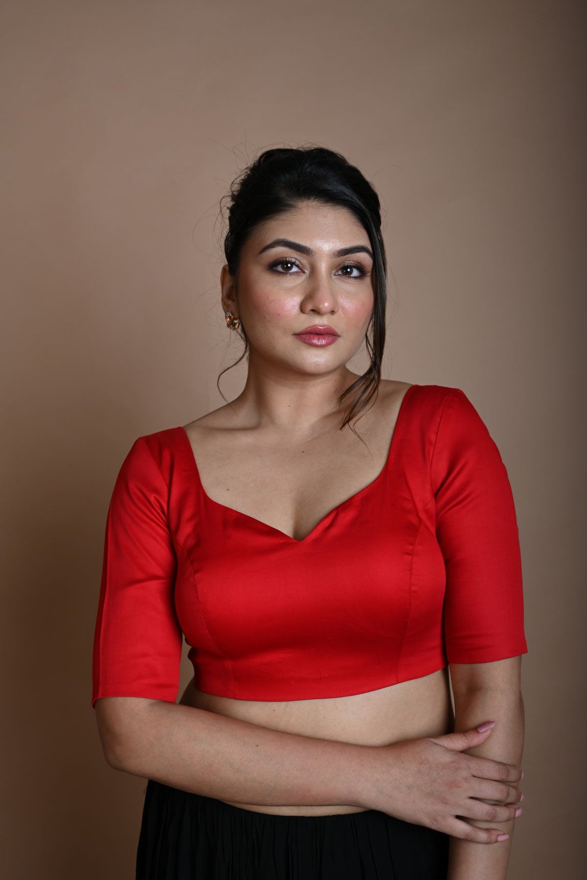 Red Half Sleeve Blouse in Cotton with Sweetheart Neckline - Anvi Couture