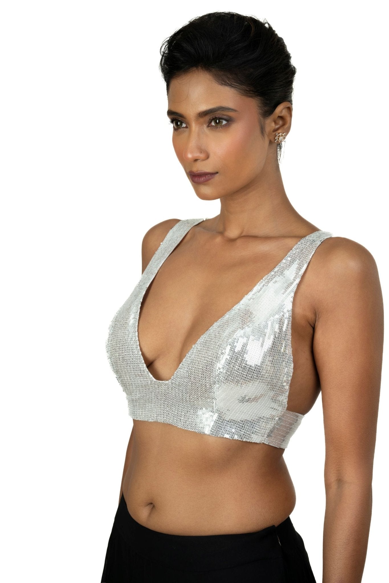 Silver Sequin Plunging V Neck Sleeveless Blouse - Anvi Couture