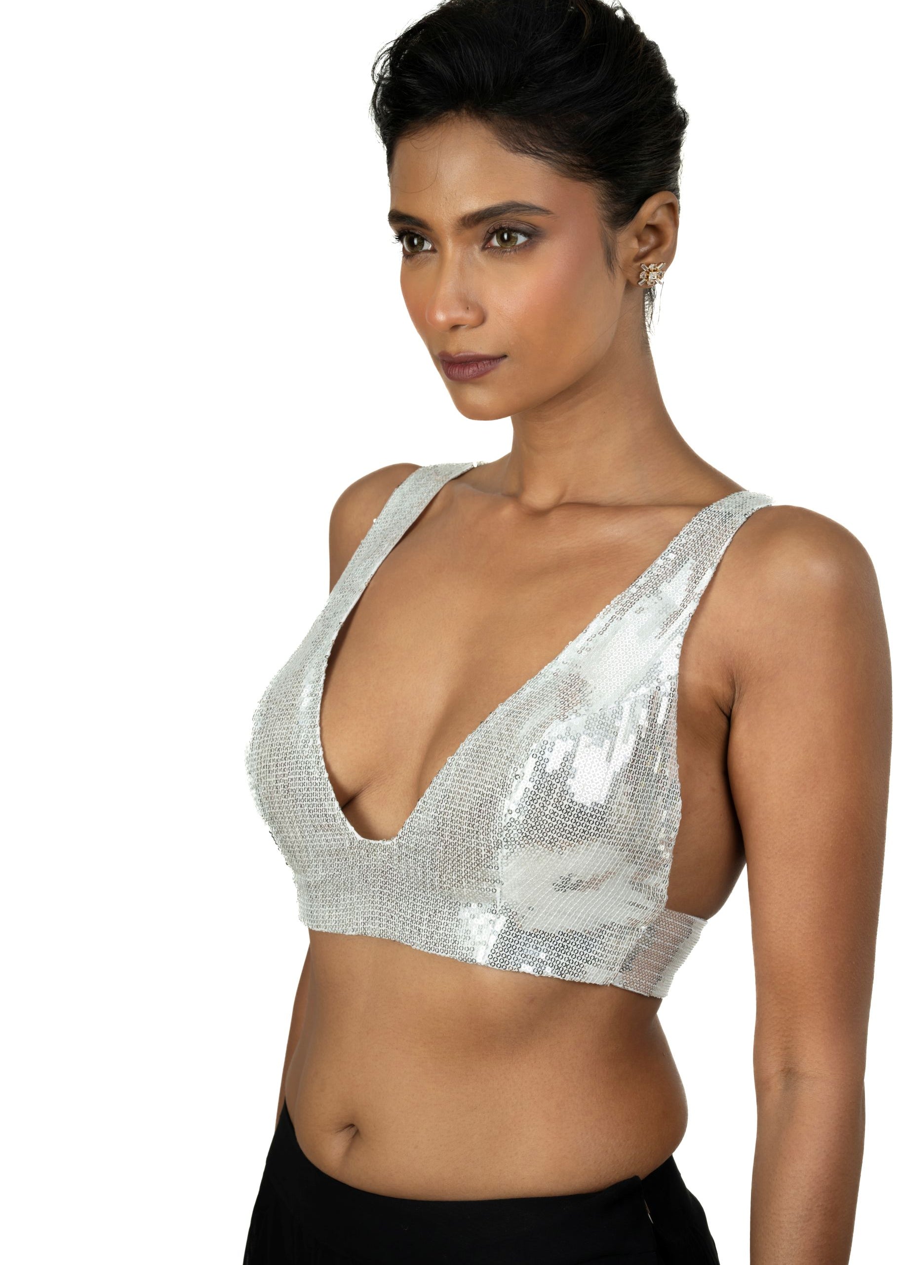 Silver Sequin Plunging V Neck Sleeveless Blouse - image 2