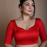 Red Half Sleeve Blouse in Cotton with Sweetheart Neckline - Anvi Couture