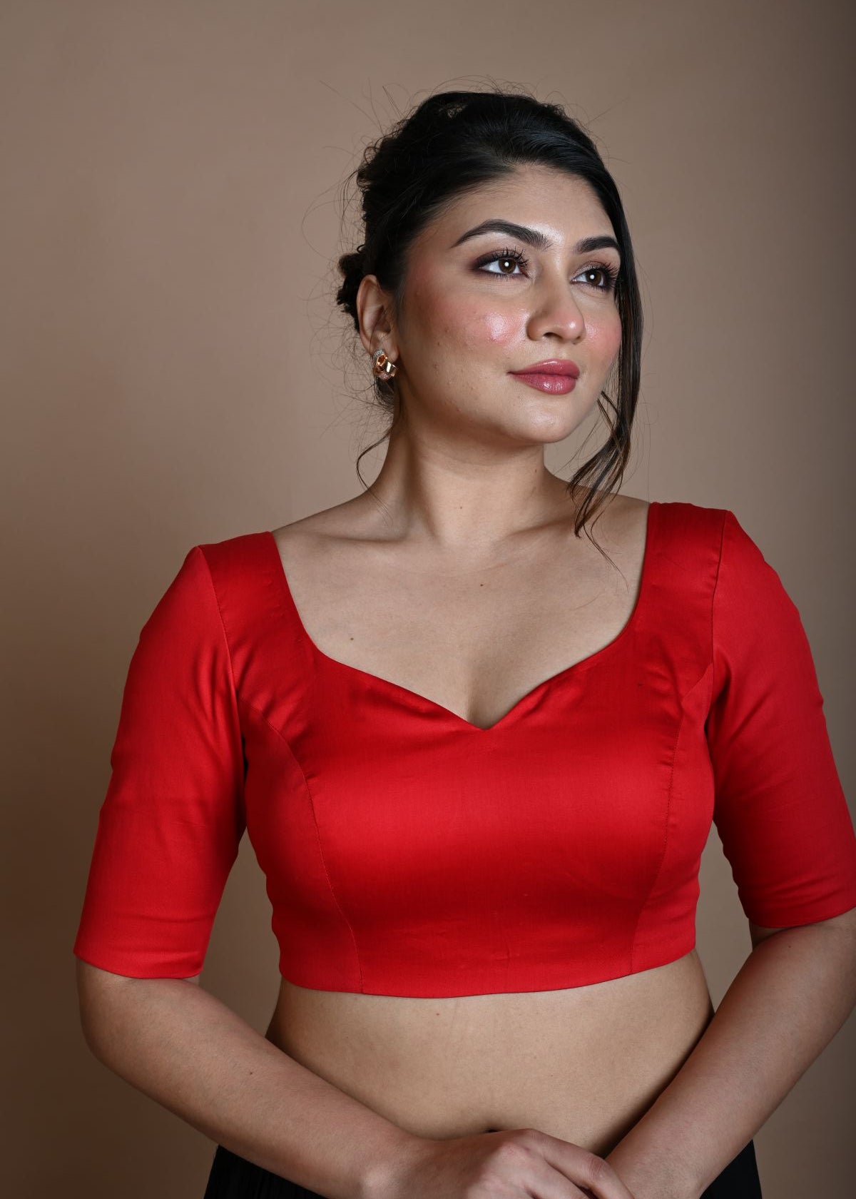 Red Half Sleeve Blouse in Cotton with Sweetheart Neckline - Anvi Couture