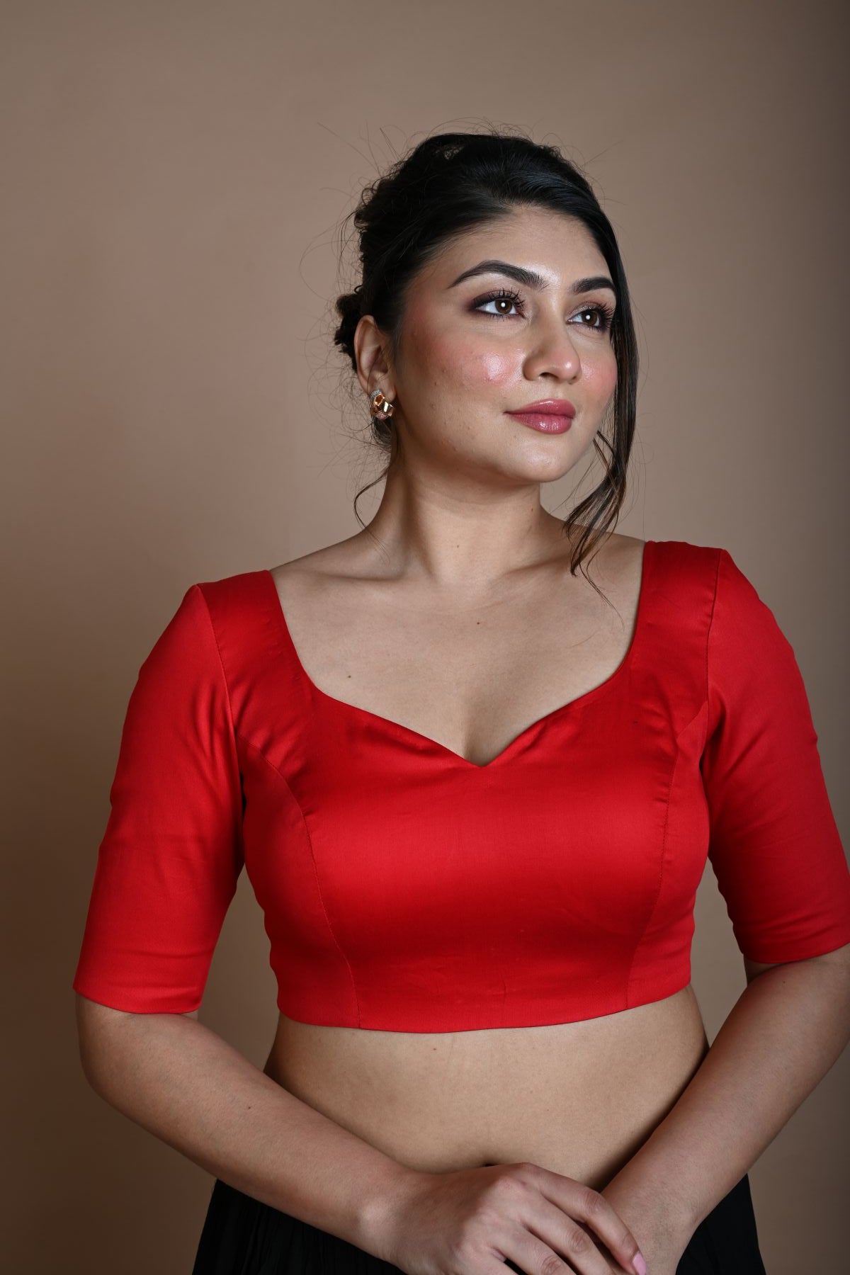 Red Half Sleeve Blouse in Cotton with Sweetheart Neckline - Anvi Couture