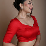 Red Half Sleeve Blouse in Cotton with Sweetheart Neckline - Anvi Couture