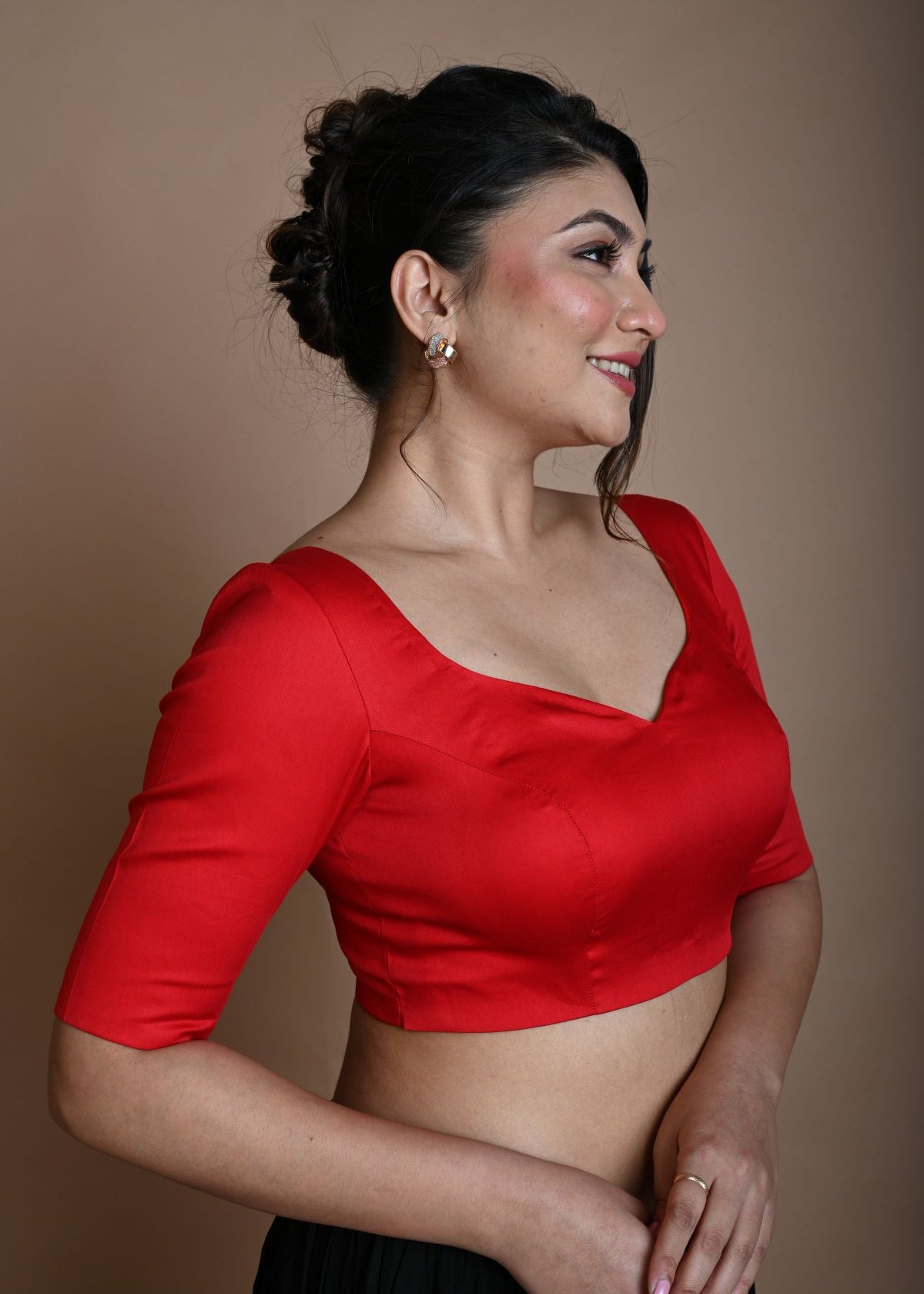 Red Half Sleeve Blouse in Cotton with Sweetheart Neckline - Anvi Couture