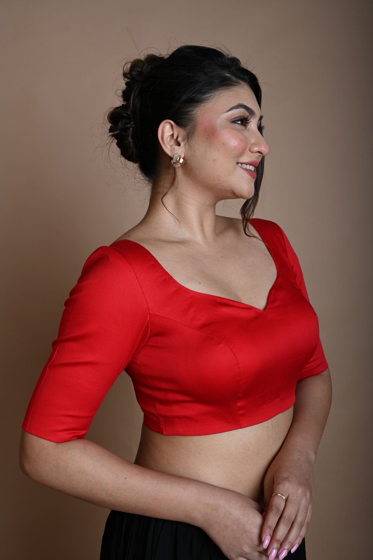 Red Half Sleeve Blouse in Cotton with Sweetheart Neckline - Anvi Couture